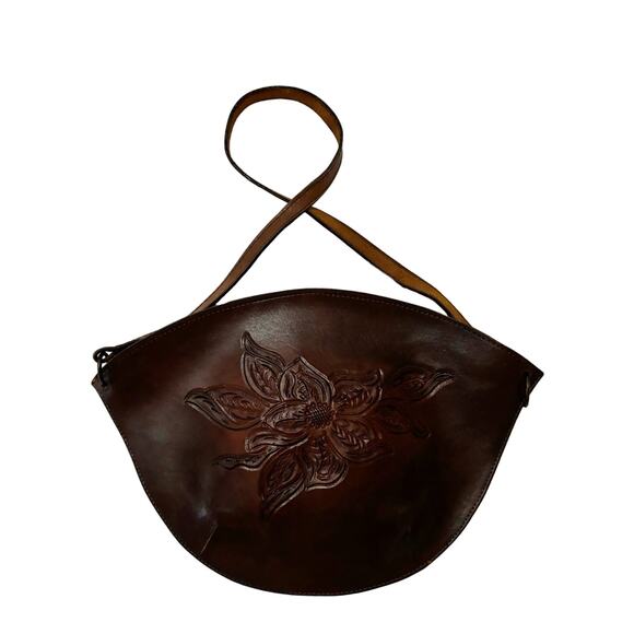 Vintage Handtooled Leather Shoulder Bag Brown - Picture 1 of 10
